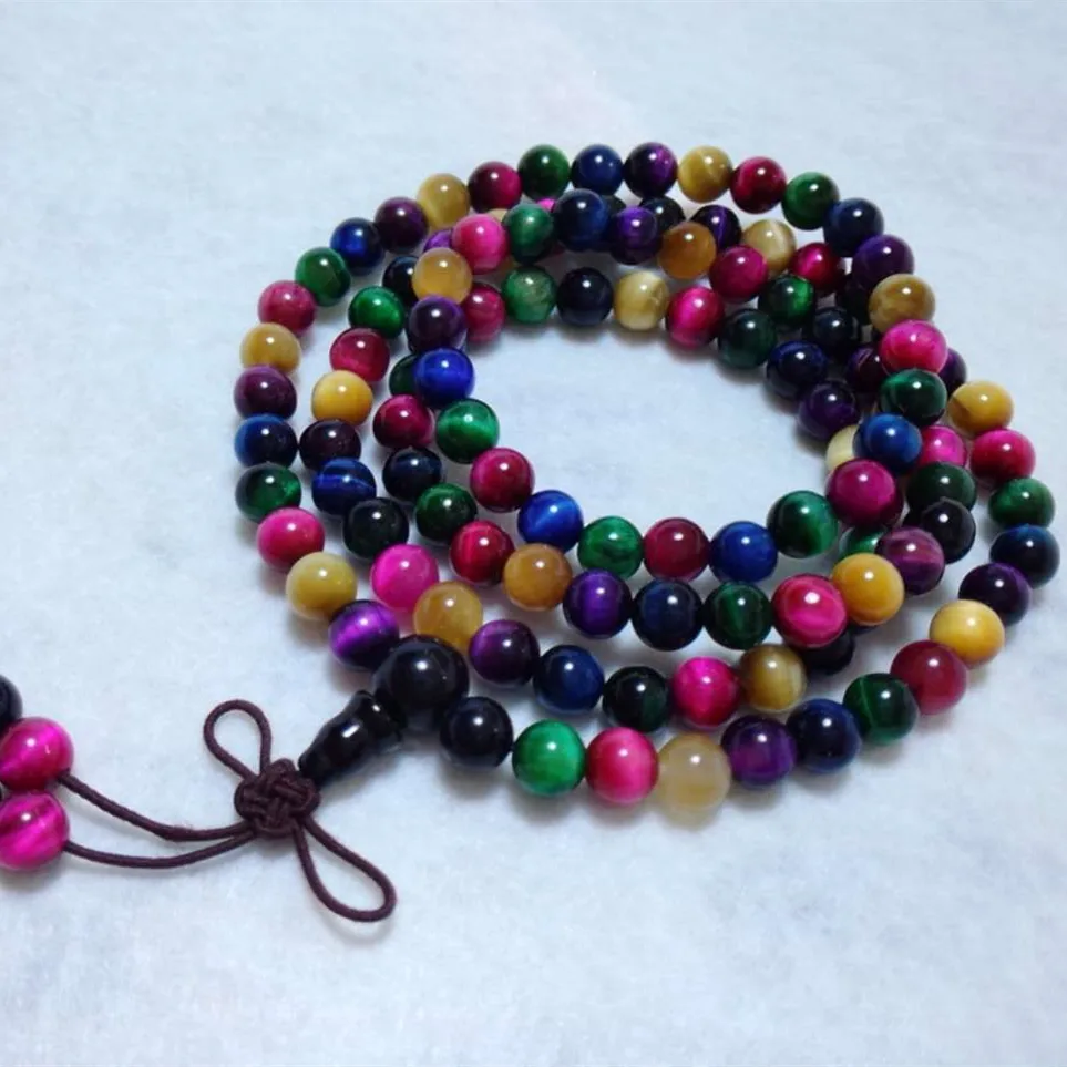 Natural Crystal Red Yellow Blue Tigereye 108 Beads Bracelet