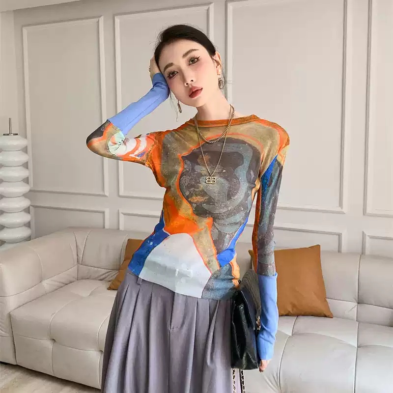New Graffiti Printing Mesh Thin T-shirt Small Shirt Women