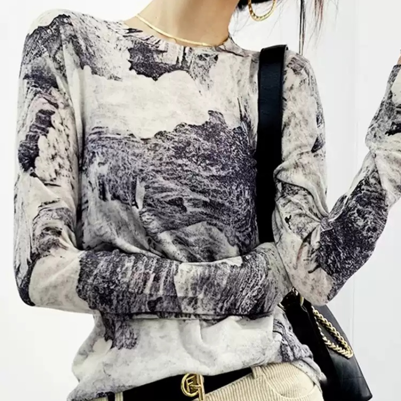 Blooming Printed Round Neck Long Sleeve Cashmere Bottoming Shirt Autumn
