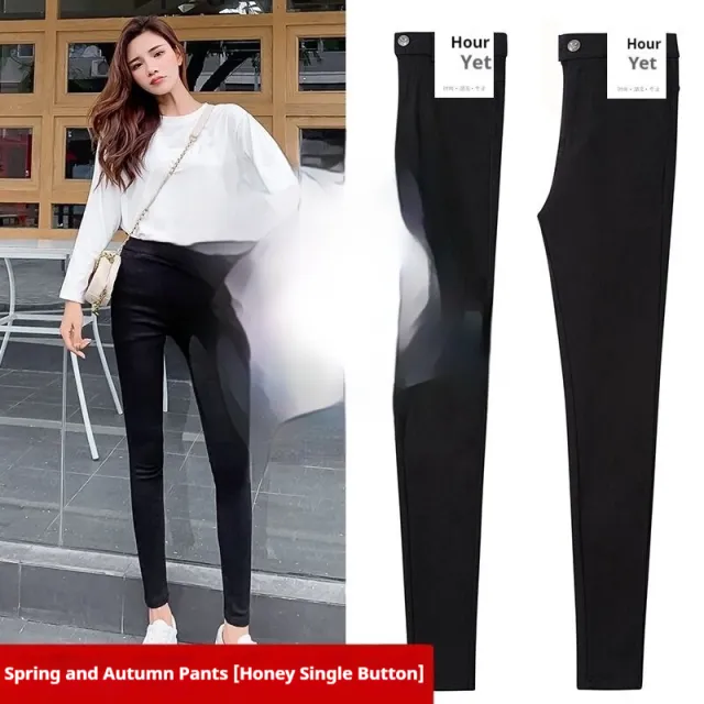 Black Magical Leggings Women's Outer Wear Ankle Tight High Waist Slimming Trousers Single Button - Shop at LoveMi