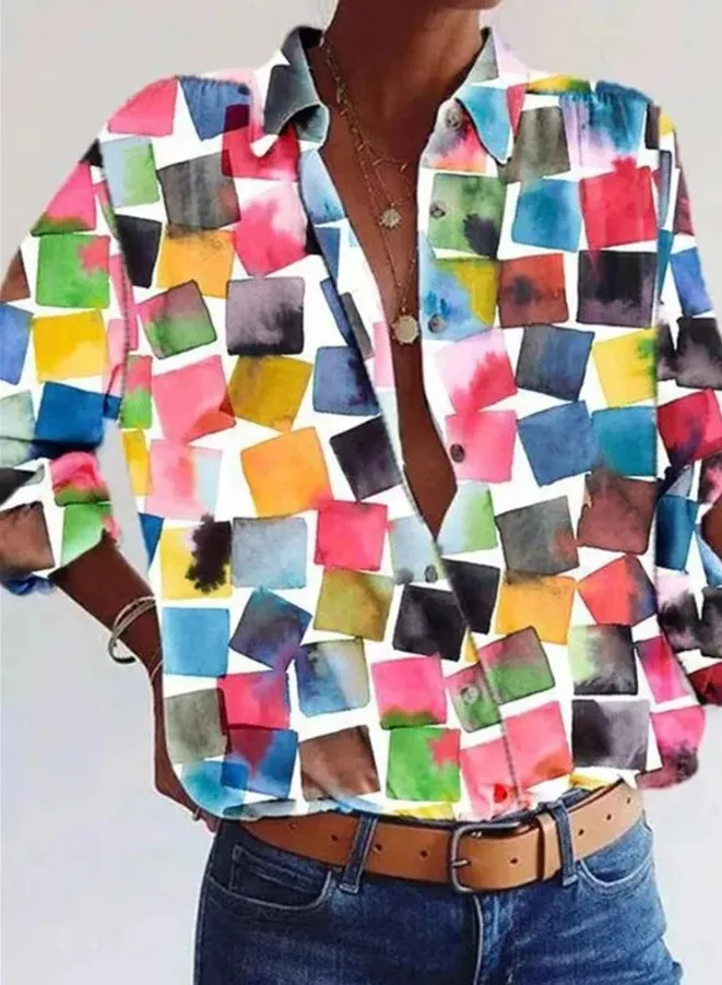 3D Printed Leisure Vacation Geometric Pattern Women's Long-sleeved Blouse - Y761-Xxxl