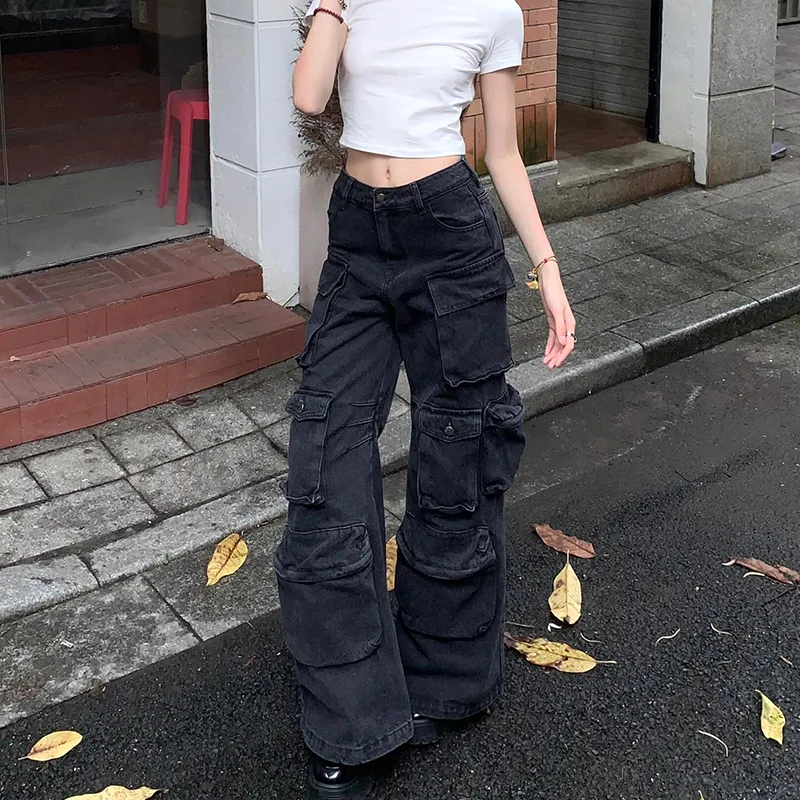 Retro Black Multi-pocket Cargo Pants Women's Loose Jeans - Black