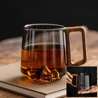 Guanshan Glass Single-layer Side Wooden Handle Drinking Cups Household Large-capacity Milk Tea Juice Single-layer Cup Kitchen Gadgets