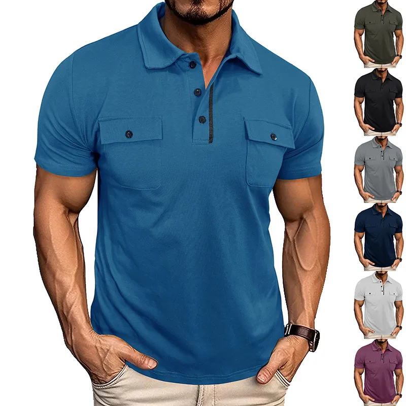 Summer Lapel Button Polo Shirt with Pockets Outdoor Fashion