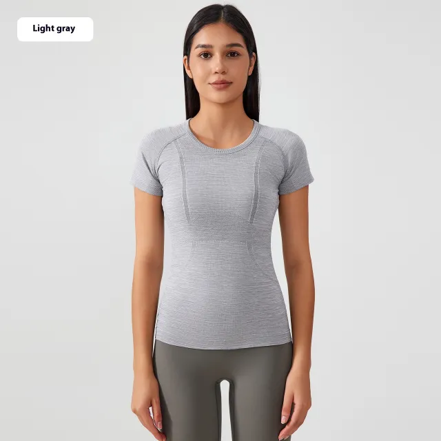 Women's Short Sleeve Round Neck Sports Running Fitness Top Shallow Flower Ash 10 - Shop at LoveMi