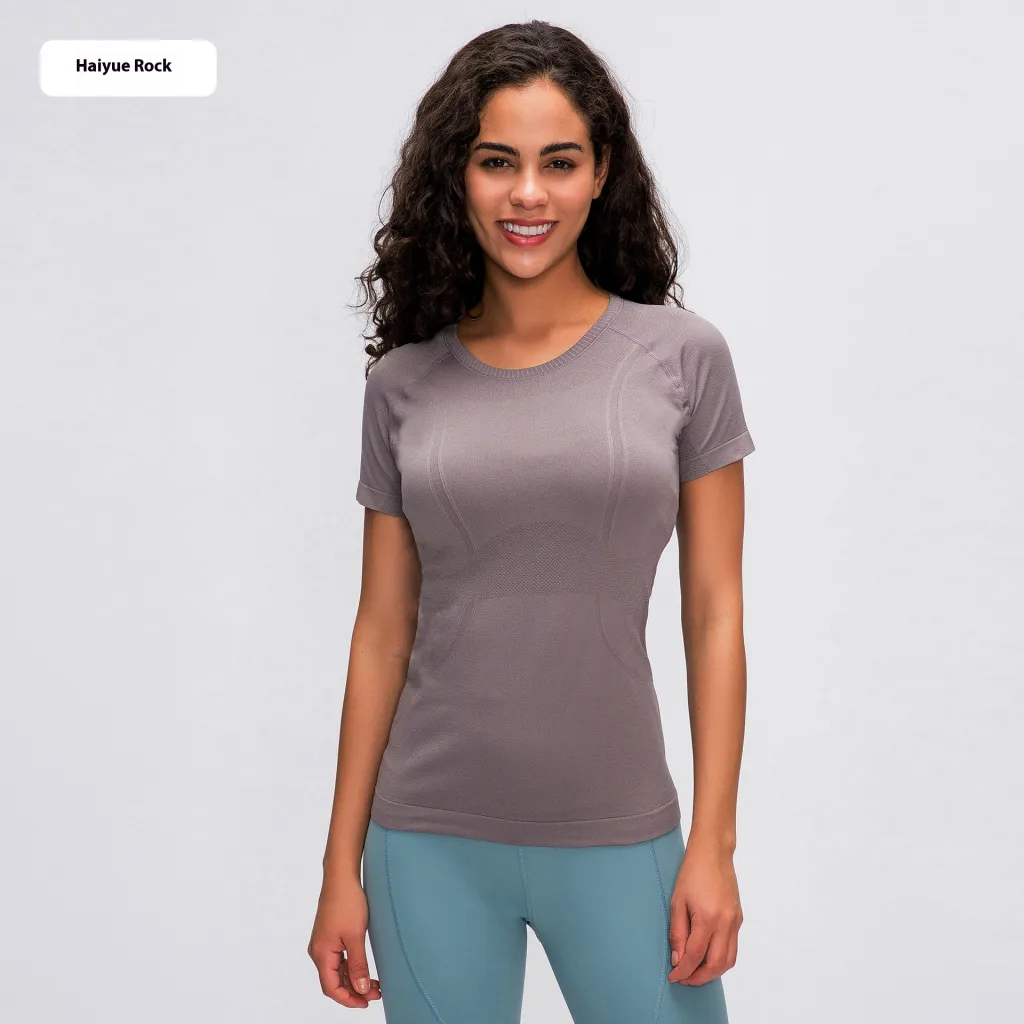 Women's Short Sleeve Round Neck Sports Running Fitness Top - Haiyueyan-6