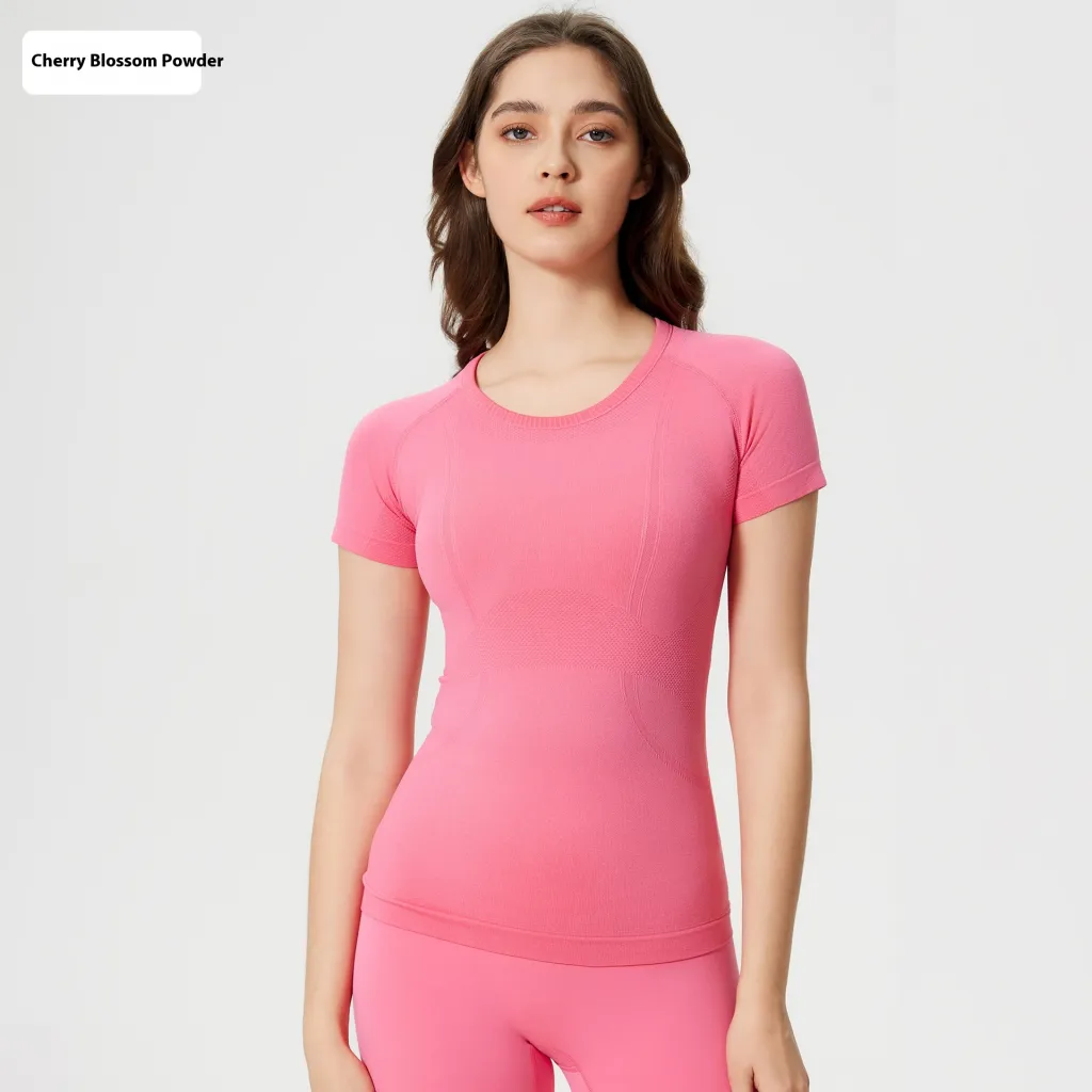 Women's Short Sleeve Round Neck Sports Running Fitness Top - Cherry Blossom Powder New-10