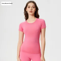 Women's Short Sleeve Round Neck Sports Running Fitness Top - Cherry Blossom Powder New-10 - View 1