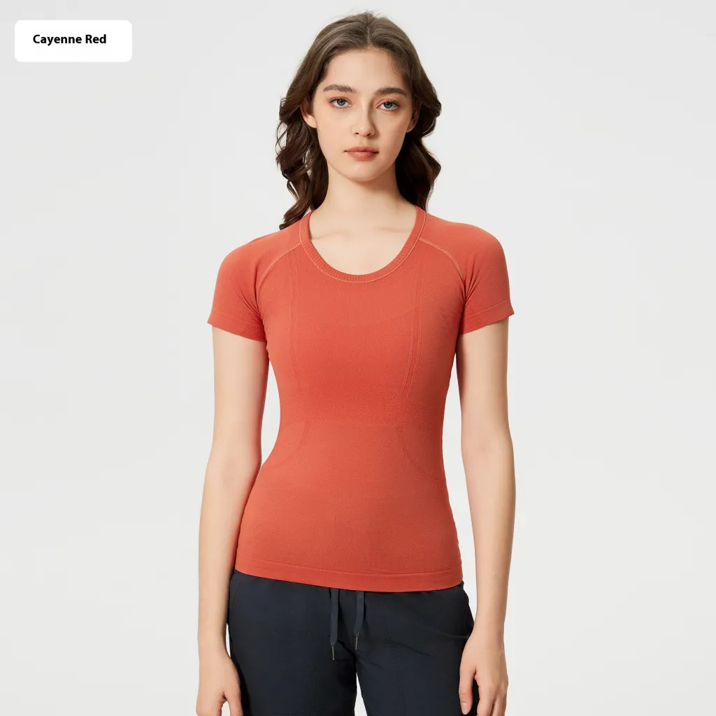 Women's Short Sleeve Round Neck Sports Running Fitness Top - Red