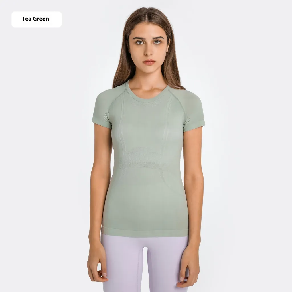 Women's Short Sleeve Round Neck Sports Running Fitness Top - Tea Green