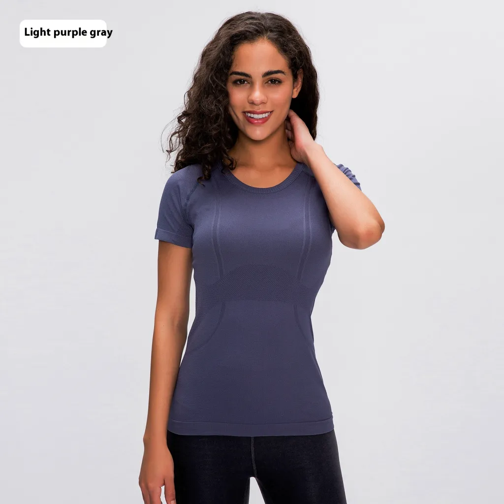 Women's Short Sleeve Round Neck Sports Running Fitness Top - Light Purple Gray