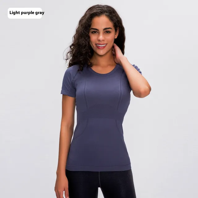 Women's Short Sleeve Round Neck Sports Running Fitness Top Light Purple Gray - Shop at LoveMi