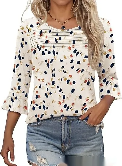 Round neck Flared Sleeves Tuck Line Craft Slim Top White With Printed Pattern - Shop at LoveMi