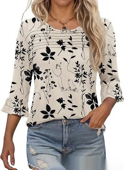 Round neck Flared Sleeves Tuck Line Craft Slim Top Beige Printing - Shop at LoveMi