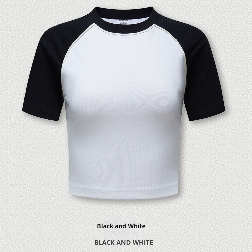 Slim fit T shirt Shoulder Short Top For Women N313 Blackwhite - Shop at LoveMi