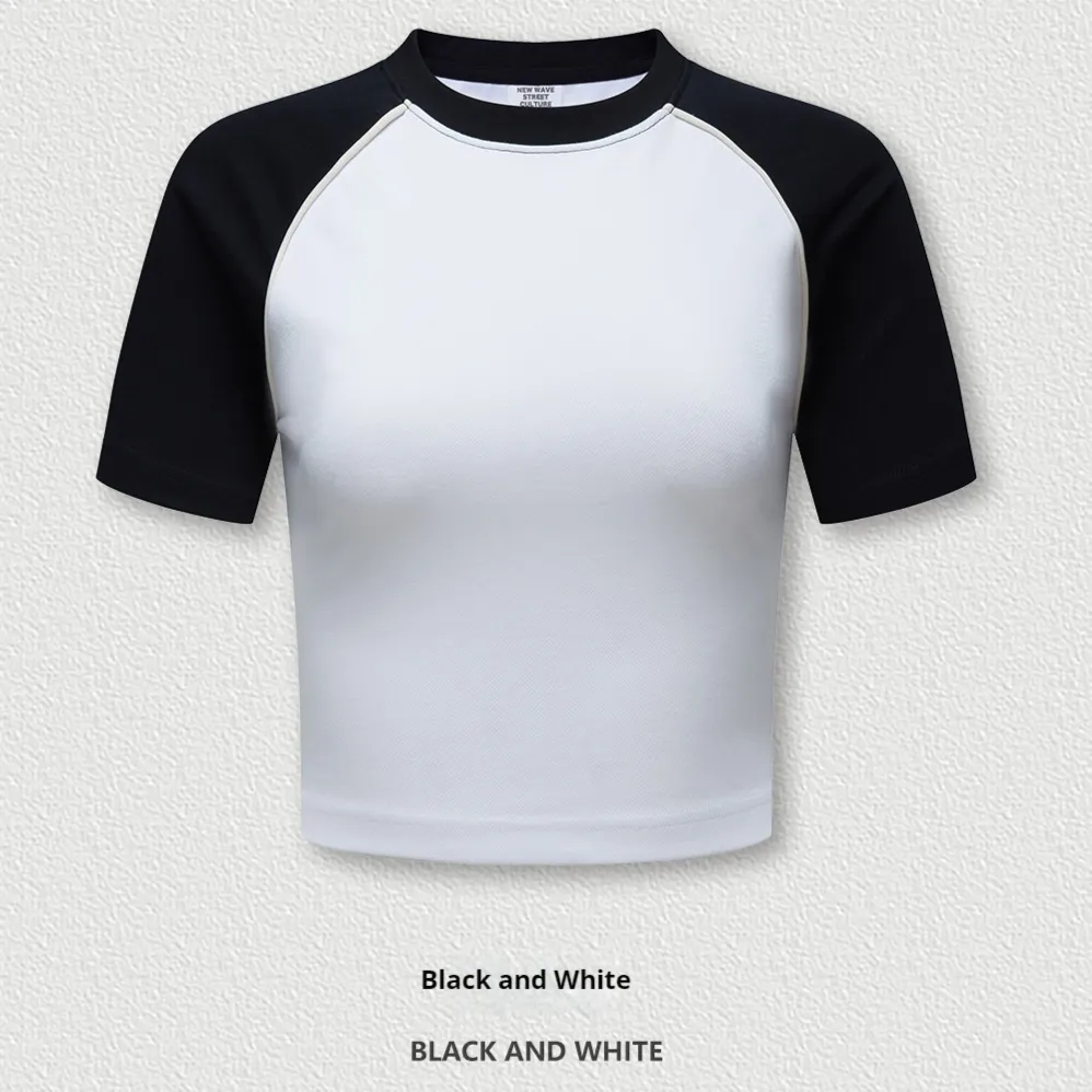 Slim-fit T-shirt Shoulder Short Top For Women - N313 Blackwhite