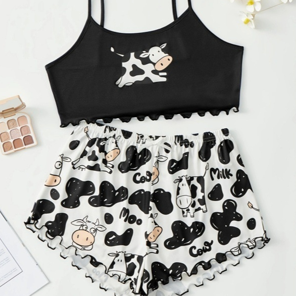 Women's Off-the-shoulder Strap Home Cute Printed Pajamas