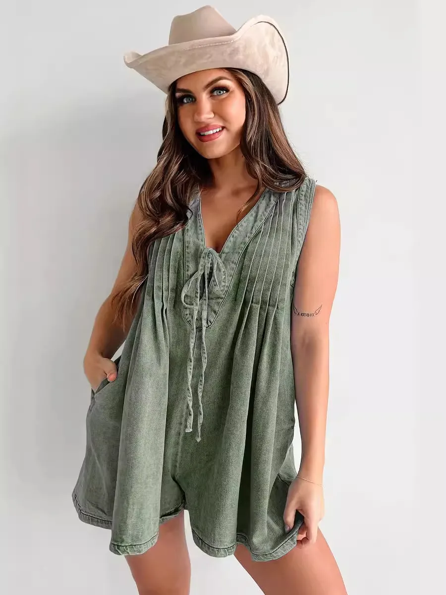 Sleeveless Short-sleeved Shorts Denim Jumpsuit - Olive