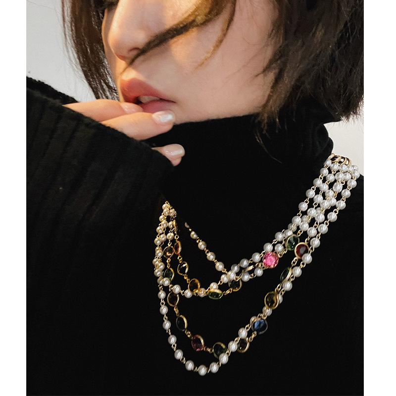 Multi-layer Glass Pearl Colored Gems Retro Minority Necklace