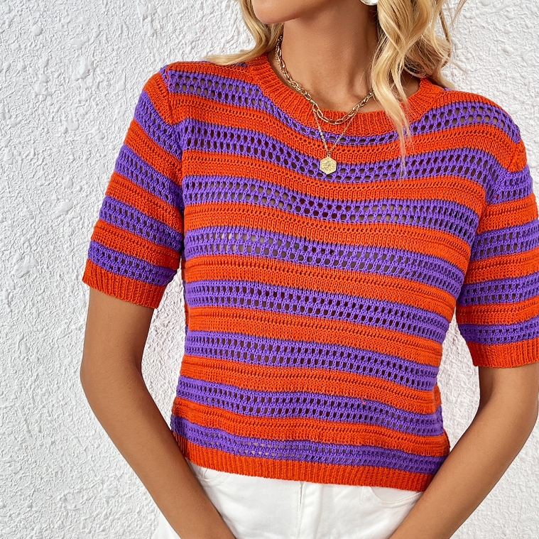 Hooded Striped Fashionable Short Sleeved Patchwork Women's Knitted Sweater