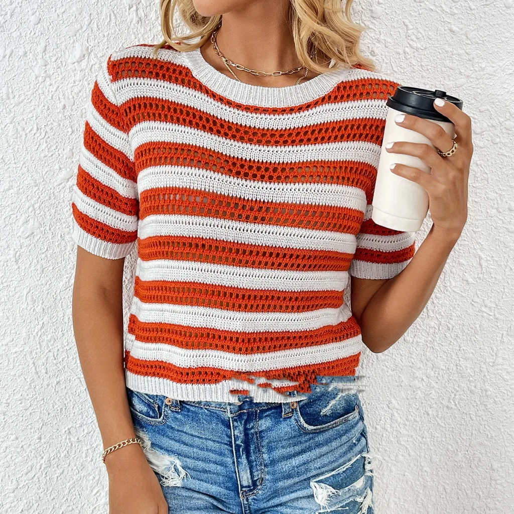 Hooded Striped Fashionable Short Sleeved Patchwork Women's Knitted Sweater - Orange