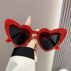 Female Cute Cat Eye Heart-shaped Sun Glasses - Red Frame Red Diamond - View 1
