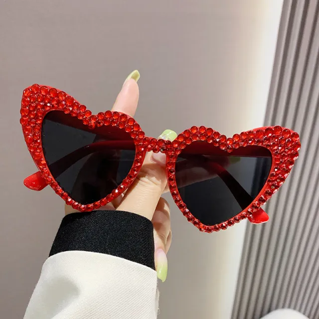 Female Cute Cat Eye Heart shaped Sun Glasses Red Frame Red Diamond - Shop at LoveMi