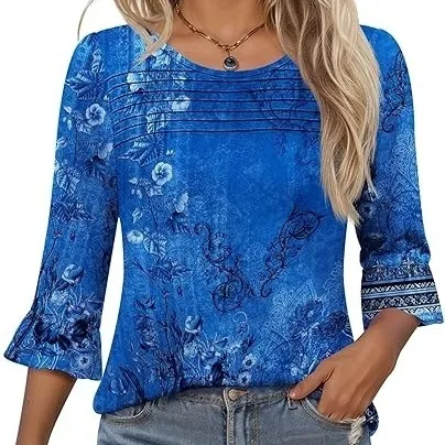 Round neck Flared Sleeves Tuck Line Craft Slim Top Blue Printing - Shop at LoveMi
