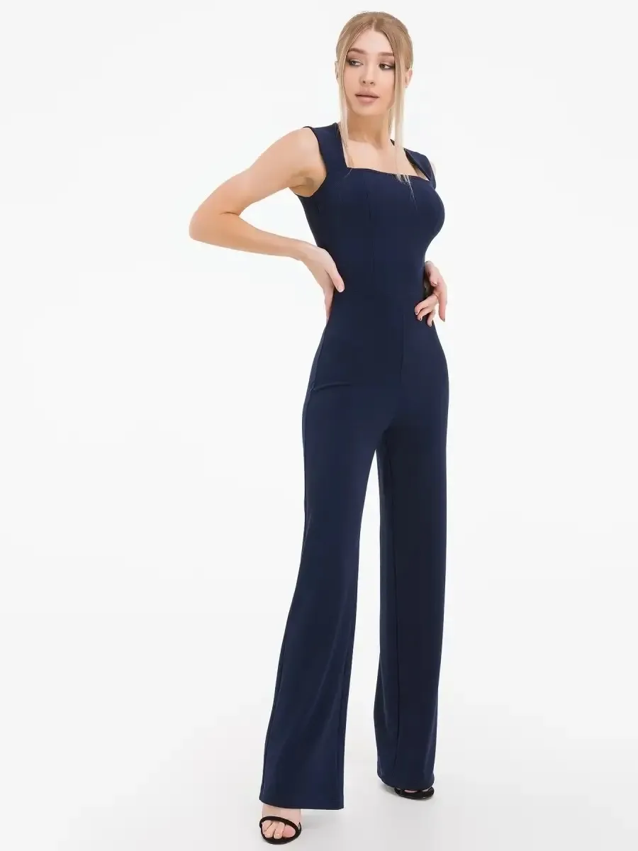 High Waist Wide Leg One-piece Trousers - Navy