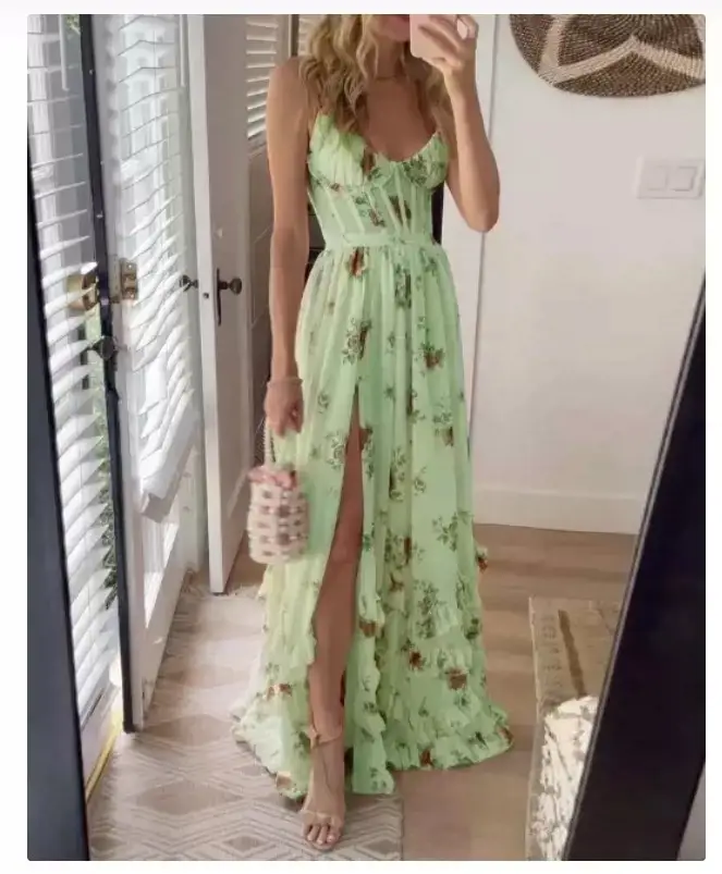 European And American Style Printed Strap Lace-up Sexy Waist Trimming Slimming Slit Dress