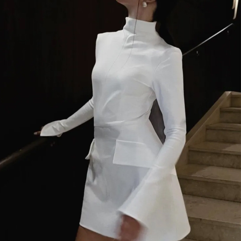 Long Sleeve Dress Sexy Waist Trimming Versatile Slimming Skirt With Zipper Trendy