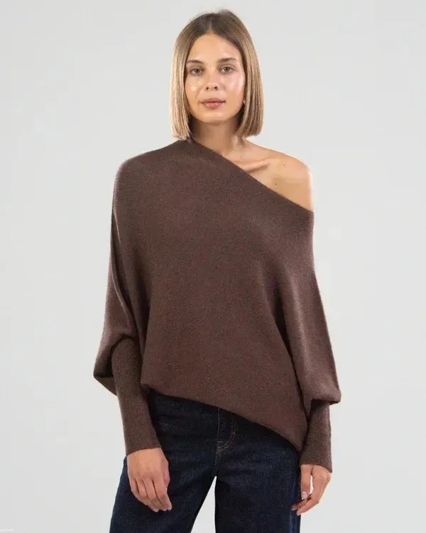 Solid Color Off neck Pullover Knitted Loose Sweater Brown - Shop at LoveMi