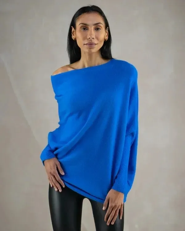Solid Color Off-neck Pullover Knitted Loose Sweater - Blue