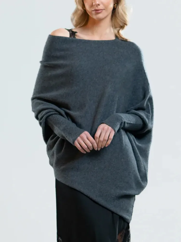 Solid Colour Off-neck Pullover Knitted Loose Sweater - Dark Grey