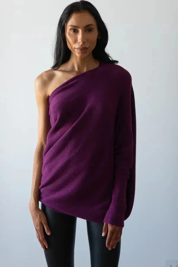Solid Color Off-neck Pullover Knitted Loose Sweater - Purple - View 1