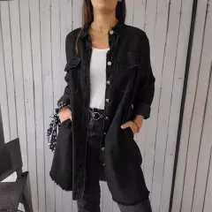 Jean-like Cloth Casual Long Shirt Coat - Black - View 1