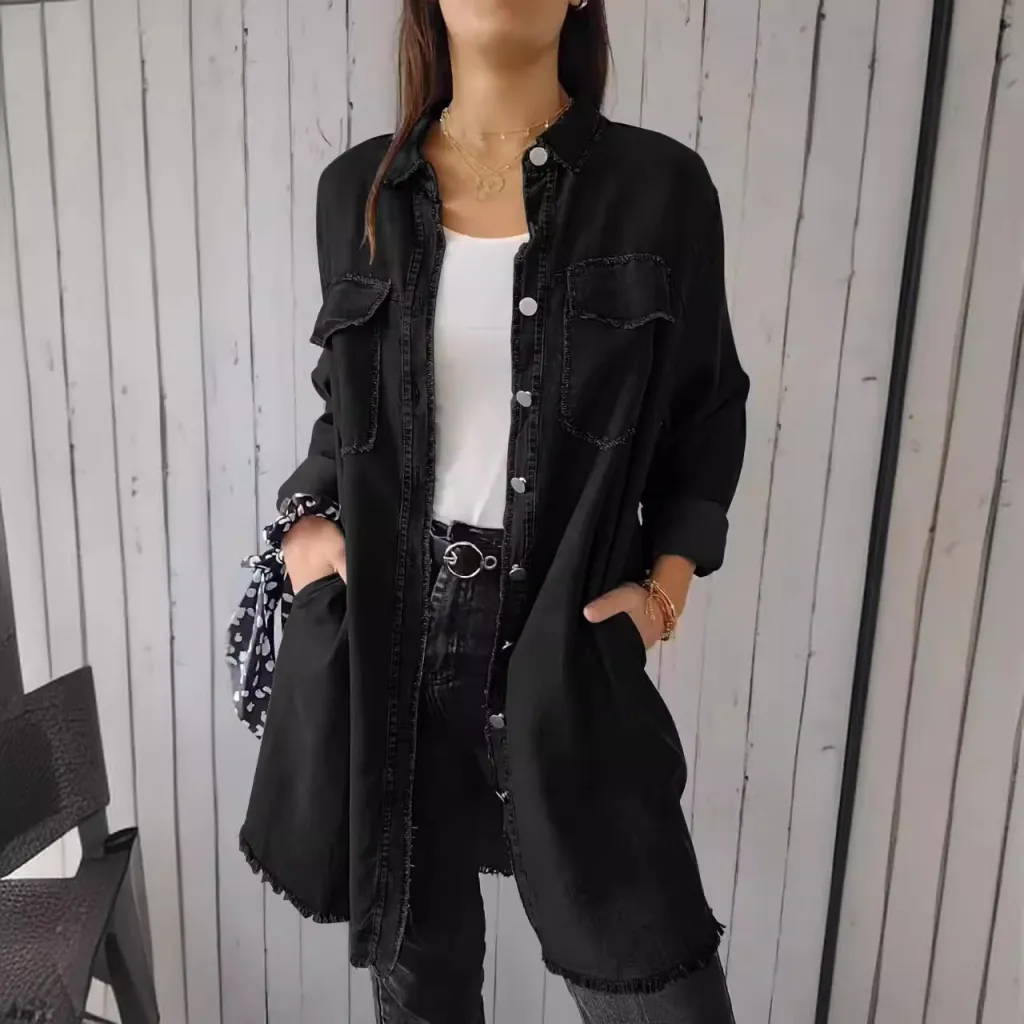 Jean-like Cloth Casual Long Shirt Coat - Black