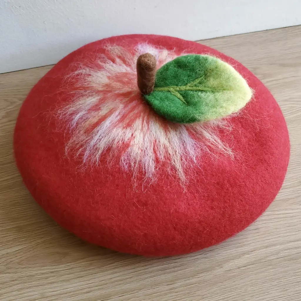 Handmade Wool Felt Christmas Beret - Red Apple