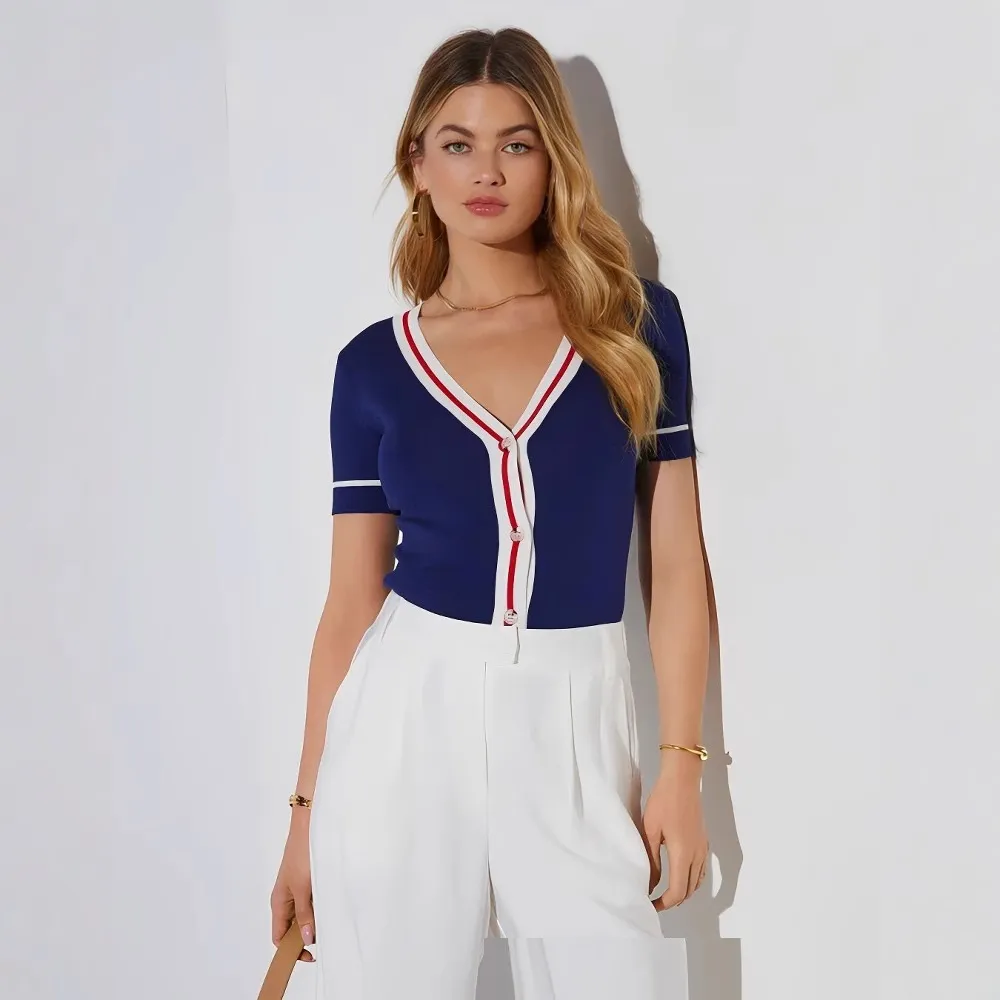 European And American Women's Clothing Slim Fit All-match V-collar Contrast Colour Knitted Cardigan - Blue