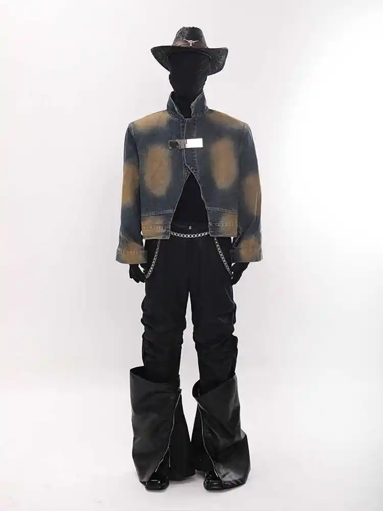 Vintage Color Block Metal Workwear Denim Jacket Short Jacket