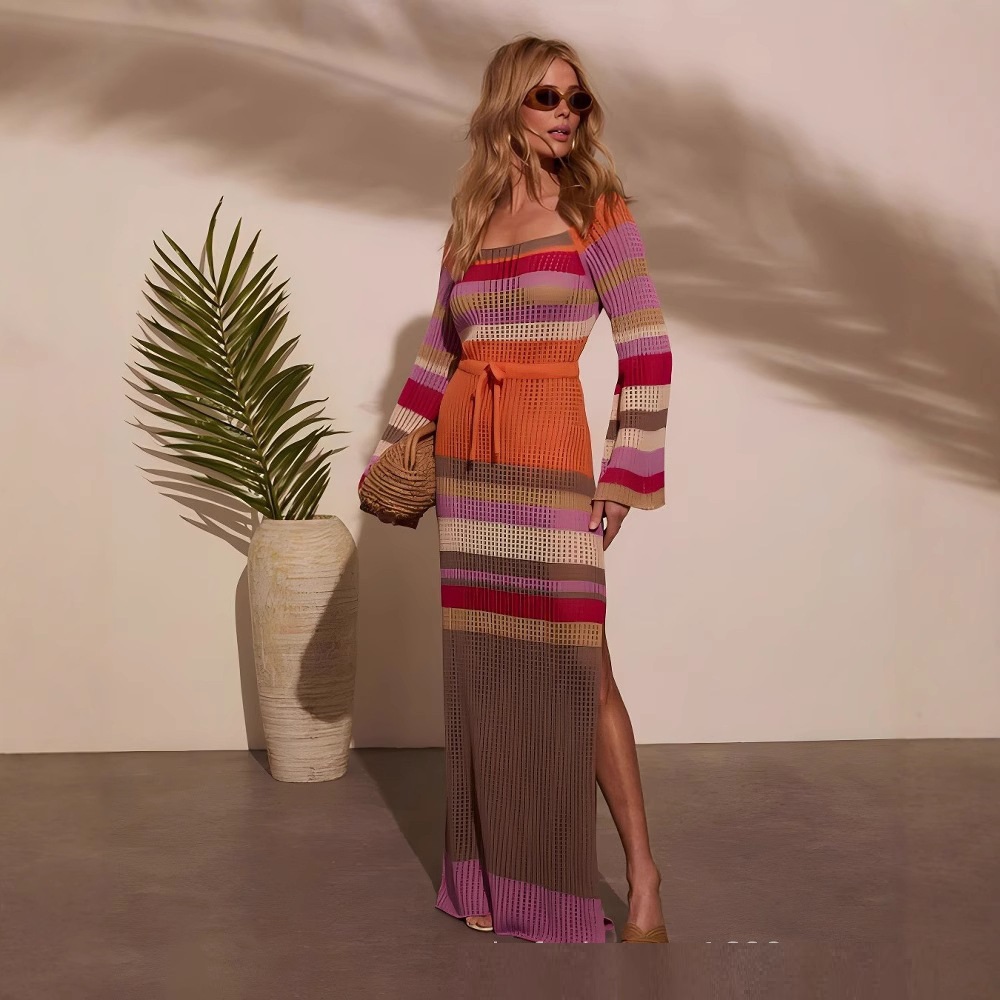 European And American Sexy Beach Dress Striped Colored Pullover Knitted Dress