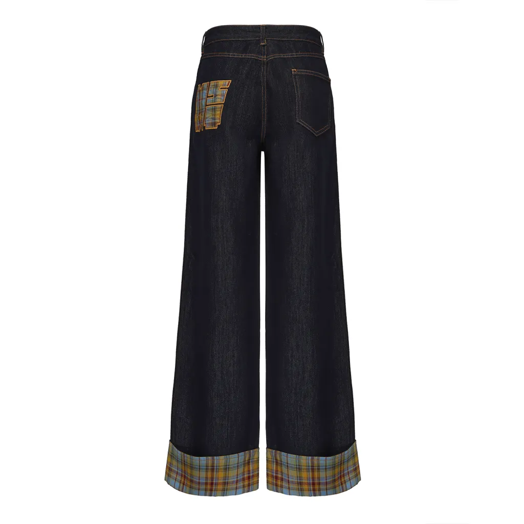 Retro Plaid Casual Straight-leg Wide Leg Jeans - Dark Blue