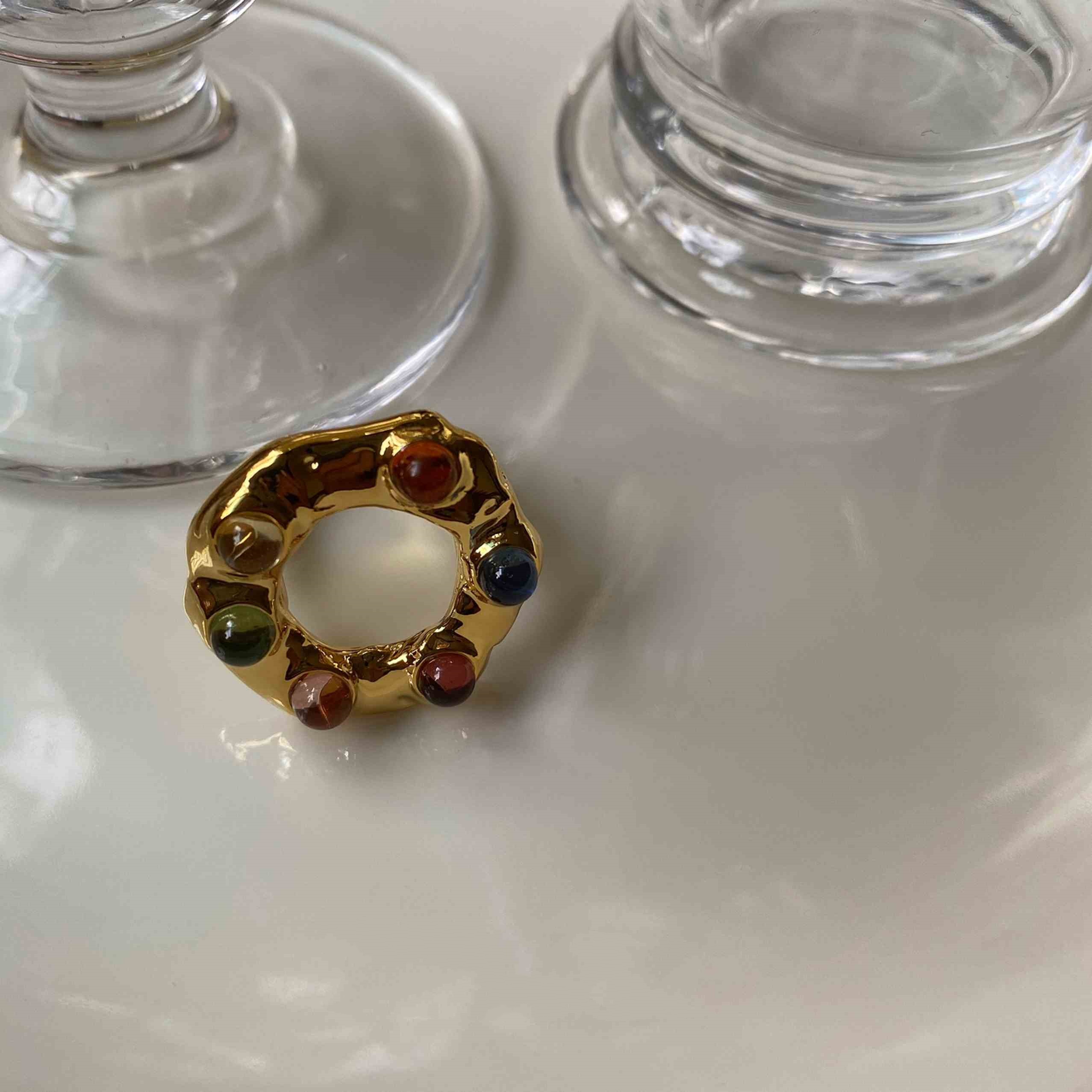 Colored Gemstone Vintage Lava Brass Gold Plated Ring