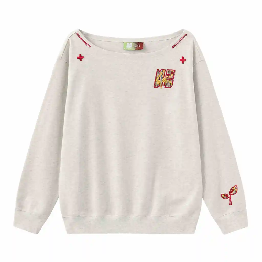 Women's Paste Cloth Embroidery Slant Shoulder Loose Long Sleeve Top - White Flower Gray
