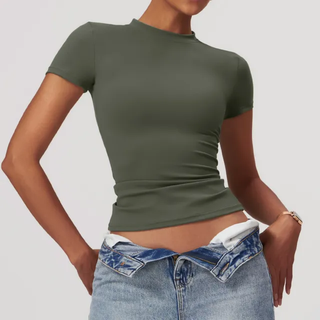 Quick drying Inner Outdoor Sports Fitness Shoulder T shirt Slim Top For Women Summer Green - Shop at LoveMi