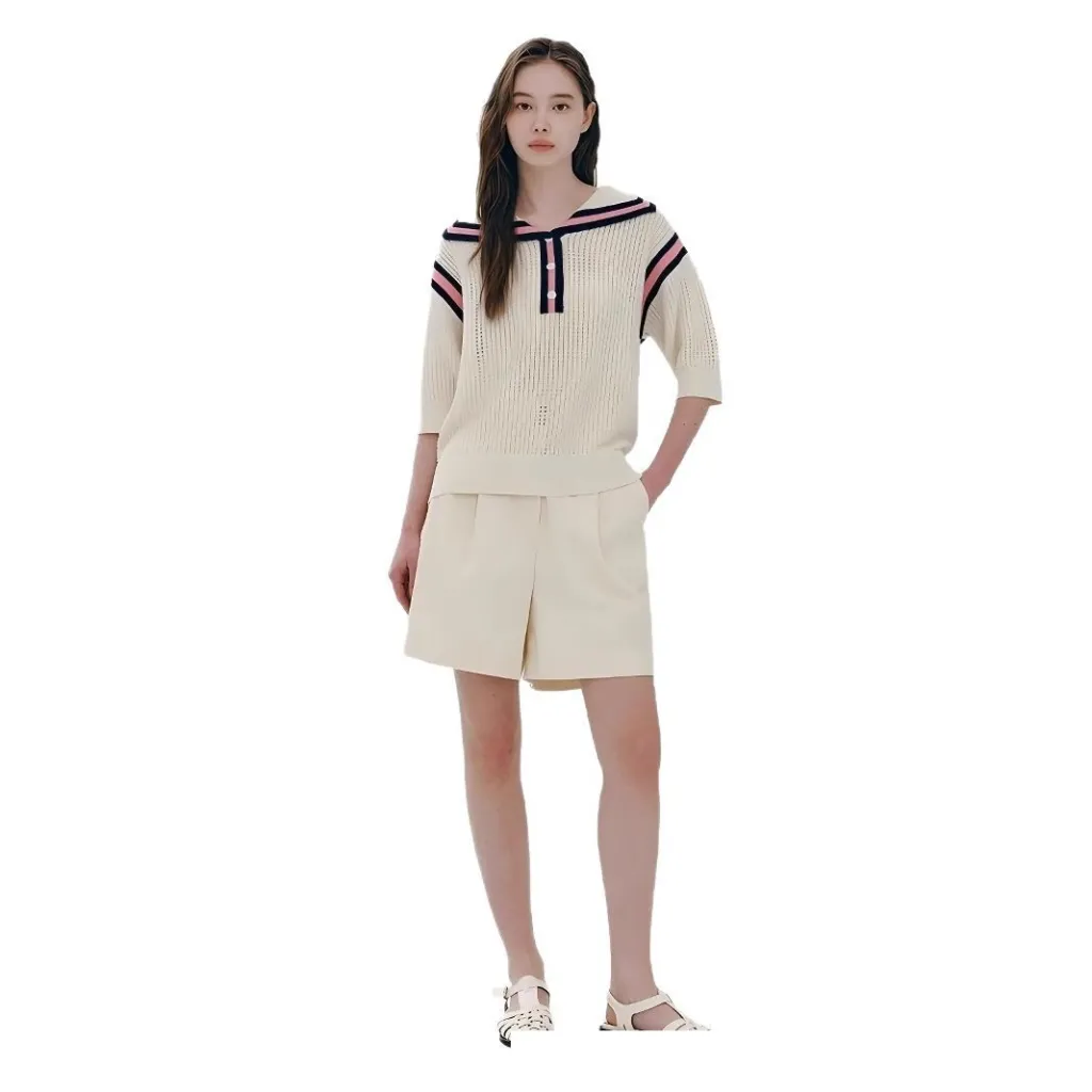 European And American Fashion Casual Preppy Style Collar Color Crocheted Knitted Pullover - White