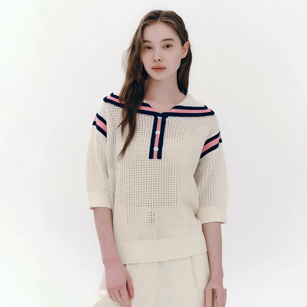 European And American Fashion Casual Preppy Style Collar Color Crocheted Knitted Pullover