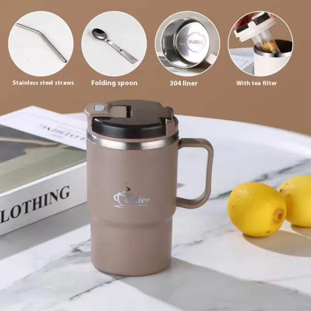 304 Stainless Steel Mug Cup With Cover Spoon Khaki Suit - Shop at LoveMi