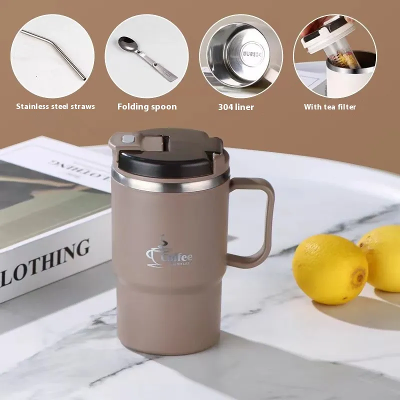 304 Stainless Steel Mug Cup With Cover Spoon - Khaki Suit