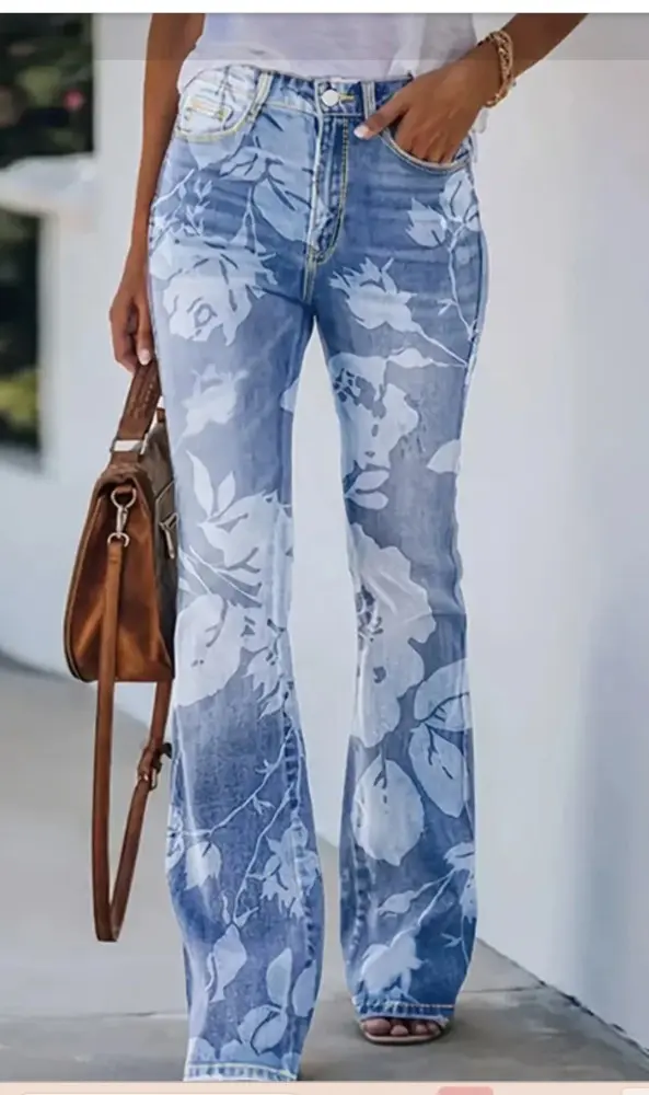 Plus Size Printed Denim Thin Casual Pants